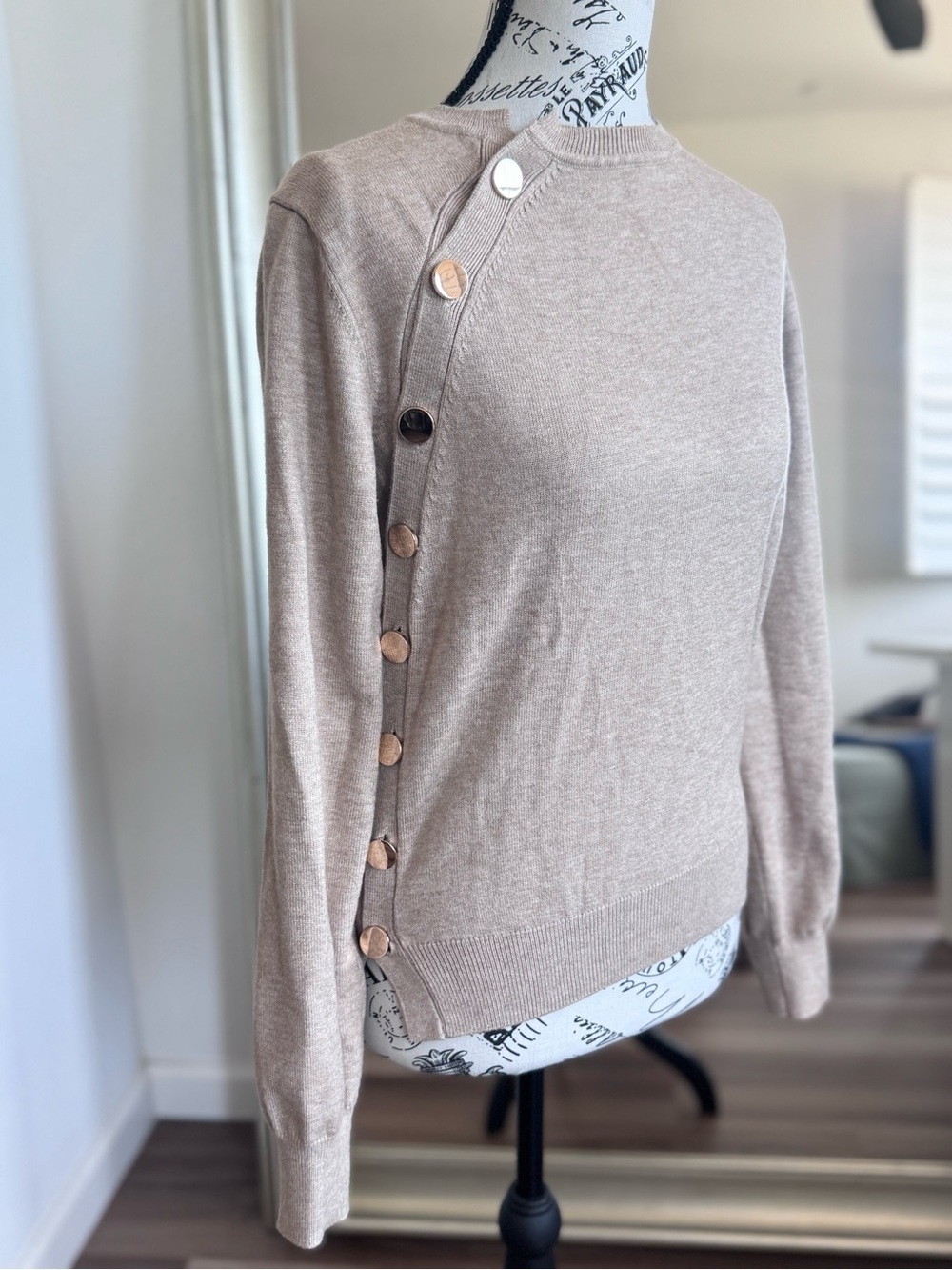 commense asymmetric gold buttons side light brown sweater top